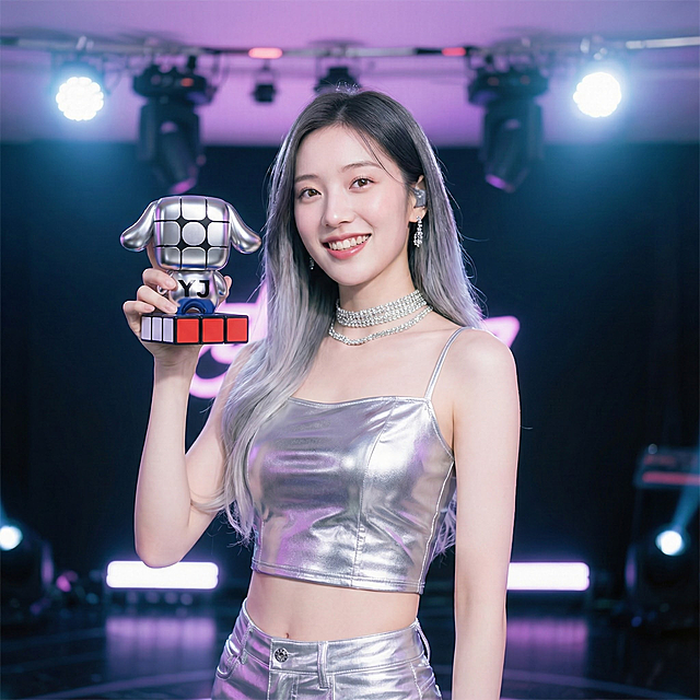 将该女性手中的话筒改为该手办，手动作自然，手办高度为10厘米，不要做得过大,不得改变手办任何形象