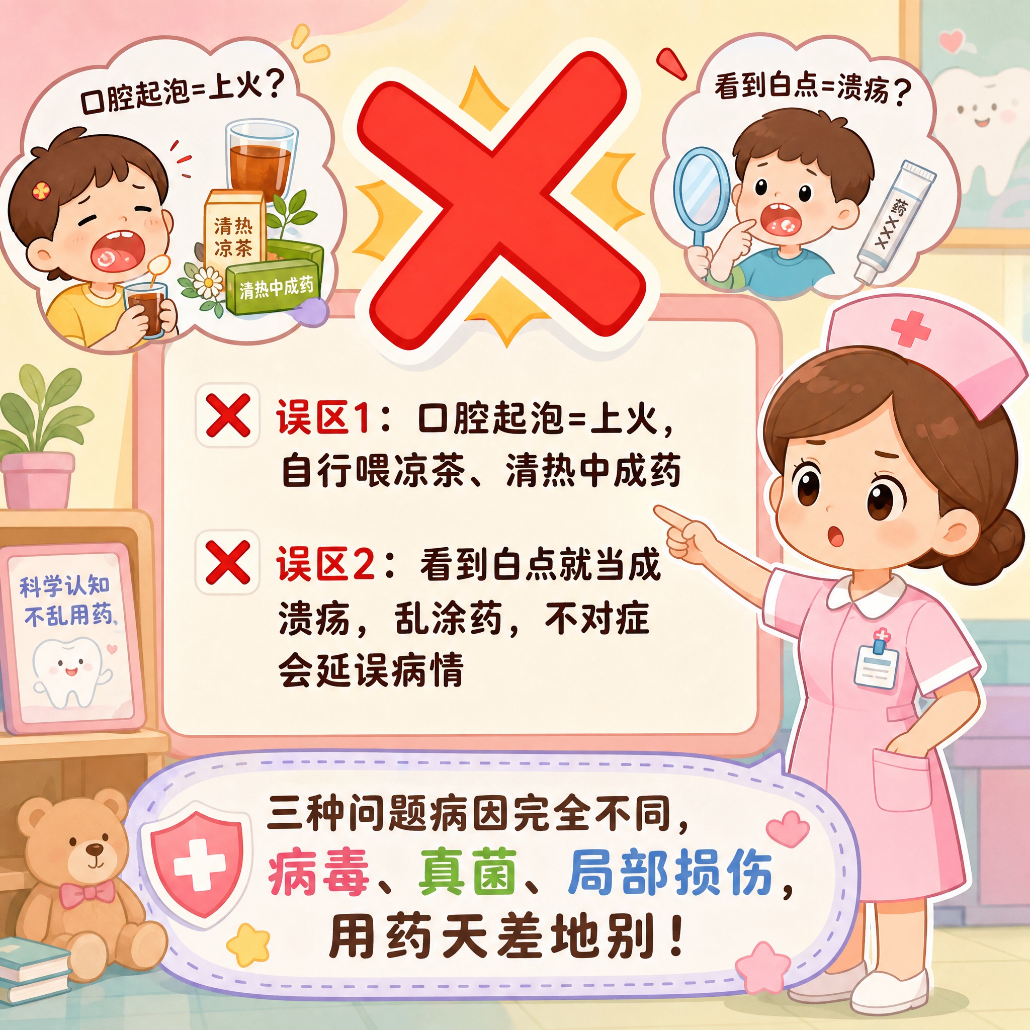 儿童科普漫画，误区警示主题，温和卡通风格，画面中央有醒目的红色… - 图片创意预览
