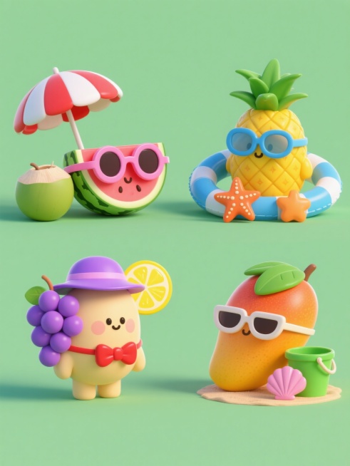 一套4个元素的系列3D卡通插画集合，每个元素均为圆润可爱的Q版夏日主题物体，具有光滑塑料质感和明亮高饱和色彩，统一采用纯色背景并规整排列。元素1：戴着粉色圆形太阳镜的切片西瓜，搭配红白条纹遮阳伞和绿色椰子；元素2：戴着蓝色泳镜的黄色菠萝，旁边有蓝色充气游泳圈和橙色海星；元素3：系着红色领结的紫色葡萄串，搭配紫色遮阳帽和黄色柠檬片；元素4：戴着绿色叶子头饰的橙色芒果，旁边有绿色沙滩桶和粉色贝壳。……预览效果