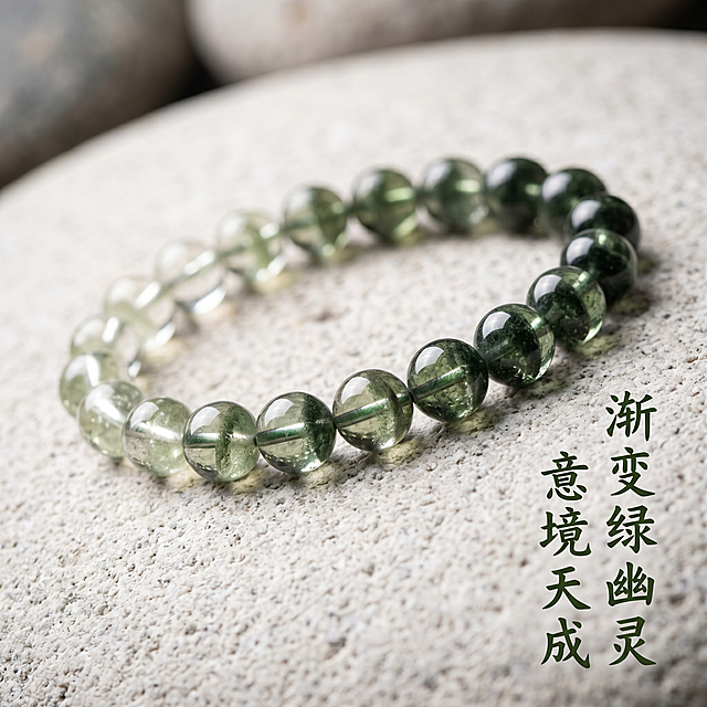 [主图-7] 绿幽灵水晶手串渐变色彩特写，保持珠子颜色渐变效果与原图一致。将手串自然摊开成弧形，展示从浅绿到深绿的渐变层次，背景是浅灰色鹅卵石台面，新中式侘寂风。画质商业微距摄影，清晰展示每一颗珠子的幽灵内含物。光线柔和侧光，突出晶体通透感和渐变层次感。文字右下方竖排书法字"渐变绿幽灵 意境天成"，字色墨绿，不遮挡产品。比例1:1，2k分辨率，超高清。负向提示词：变形，色彩失真，模糊，背景杂乱。
