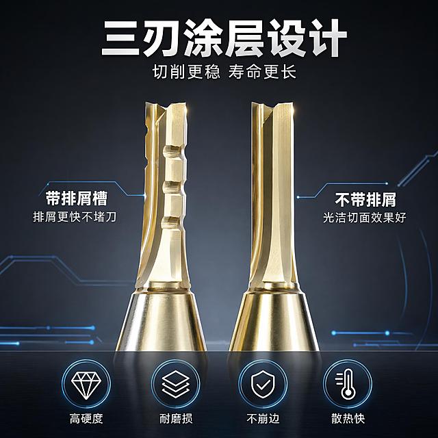 [主图-2] 核心卖点结构图 三刃涂层技术展示
[氛围风格] 技术解析风格 专业精密 突出工艺细节
[画质] 商业产品精修质感 超高清晰度 刃口细节锐利 金属纹理清晰
[元素] 画面主体为两支开料刀并排展示 左侧带排屑槽款 右侧不带排屑槽款 形成对比 保持产品外观与输入产品图绝对一致 杜绝变形色差 刃口部分放大特写 金色涂层均匀细密 三刃结构清晰可见 背景为深灰色科技感渐变 有微弱的蓝色科技线条装饰
[光影] 顶部柔光箱均匀布光 刃口处有精准高光带勾勒轮廓 两侧反光板消除死黑 底部有轻微倒影 整体光线干净利落 金属质感强烈
[配色] 主色 金色 银灰 深灰 点缀色 科技蓝
[视角构图] 平视微俯角度 产品居中 左右对称布局 画面满版
[文字版式] 顶部居中大标题 三刃涂层设计 白色粗体大字 下方小字 切削更稳 寿命更长 画面左右两侧分别用引线标注 左侧 带排屑槽 排屑更快不堵刀 右侧 不带排屑 光洁切面效果好 底部四个圆形图标横排 分别标注 高硬度 耐磨损 不崩边 散热快 每个图标下有对应文字说明
[输出要求] 1:1比例 文字清晰锐利 超高清商业摄影质感
[负向提示词] 变形 文字错乱 产品模糊 背景杂乱 水印 电商平台Logo