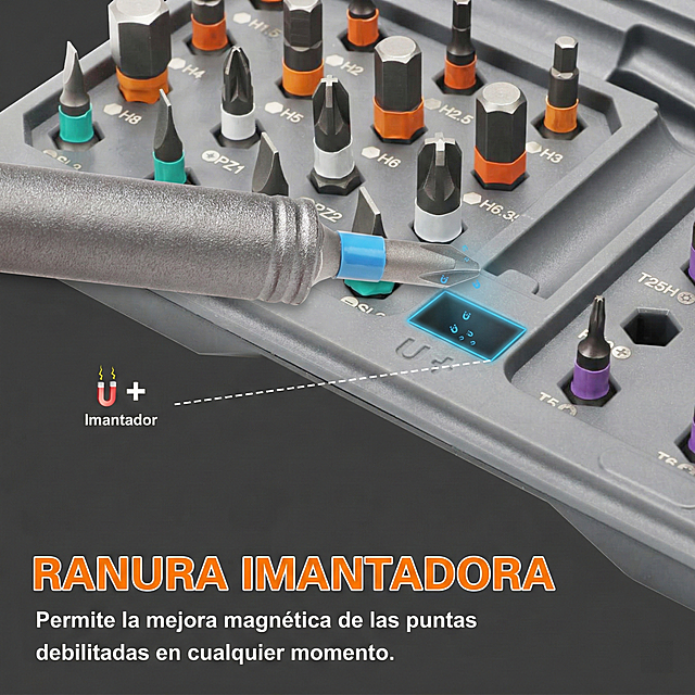 将图片中的英文替换为西班牙语：
MAGNETIZING SLOT → RANURA IMANTADORA
Magnetizer → Imantador
Allowing For The Magnetic Enhancement Of Weakened Bits At Any Time. → Permite la mejora magnética de las puntas debilitadas en cualquier momento.
H1.5、H2、H2.5、H3、H4、H5、H6、H6.3、H8、PZ1、PZ2、T25H、T5 保留