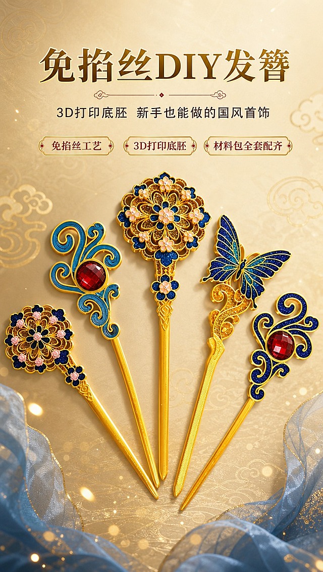 [商品] 使用【图1】5款3D打印DIY发簪成品全家福；保留每款发簪的造型结构、金色底胚、蓝红彩砂填充、粉色小花装饰、红宝石镶嵌、蝴蝶造型等全部原貌特征；商品处理：保留原有造型和颜色，增强金属光泽与彩砂颗粒质感，去除背景杂物。
[画面] 页面目标：氛围头图，第一眼打动国风手工爱好者。构图：居中对称陈列，5款发簪错落摆放，主体占画面65%，上方留白放标题，下方放副标题和卖点标签。景别：中景。前景点缀金色光斑、淡蓝色纱幔边角，中景发簪主体，远景浅金色渐变国风背景加暗纹祥云。阅读动线：从上到下。
[视觉] 套系策略：风格=国风新中式轻奢商业摄影；标题字=宋体衬线粗体（国风典雅）；正文字=简洁无衬线体；主色=鎏金+宝蓝；背景延展=基于鎏金、宝蓝做深浅层级渐变，搭配暗纹祥云、宣纸质感底；强调色=朱砂红，仅用于小面积标签、引线和重点字；标题色=深金色；正文色=深棕灰；组件=金色描边圆角信息卡、云纹引线、圆点装饰；光影=左前侧暖柔光，右侧补冷蓝光，营造金蓝撞色高级感。
[文字] 主标题：免掐丝DIY发簪 ；副标题：3D打印底胚 新手也能做的国风首饰；3个卖点标签：免掐丝工艺、3D打印底胚、材料包全套配齐。文字区位于画面上方1/3处，不遮挡发簪主体。
[规格] 图片比例9:16竖版，4K分辨率，淘宝/天猫详情页风格，中文简体，避免变形、错字、文字过小、发簪造型失真、颜色改变、杂乱背景。