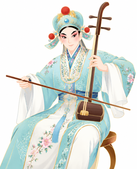 参考原图姿势和国潮插画风格，保留拉二胡的动作，将人物改为粤剧小生演员形象，穿着粤剧特色戏服，保持白色背景预览效果