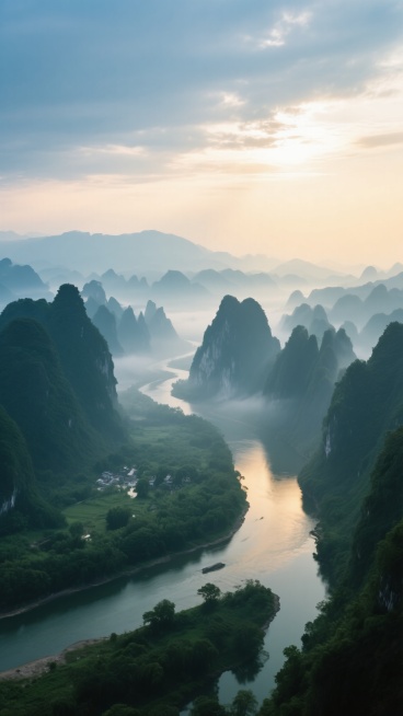 清晨薄雾笼罩的壮丽山水景观，蜿蜒曲折的河流穿行于层叠起伏的墨绿色喀斯特山峰之间，山谷间覆盖着茂密翠绿的植被，远处山峦在朦胧雾气中若隐若现，柔和的晨光从云层间隙洒落，在山峰和河面上形成细腻的光影渐变，整体色调以青蓝、墨绿和淡金色为主，营造出宁静悠远、大气磅礴的自然意境，画面采用俯瞰视角展现河流与群山的宏大空间关系，光影层次丰富，细节质感清晰，具有高度写实的摄影级画质。预览效果