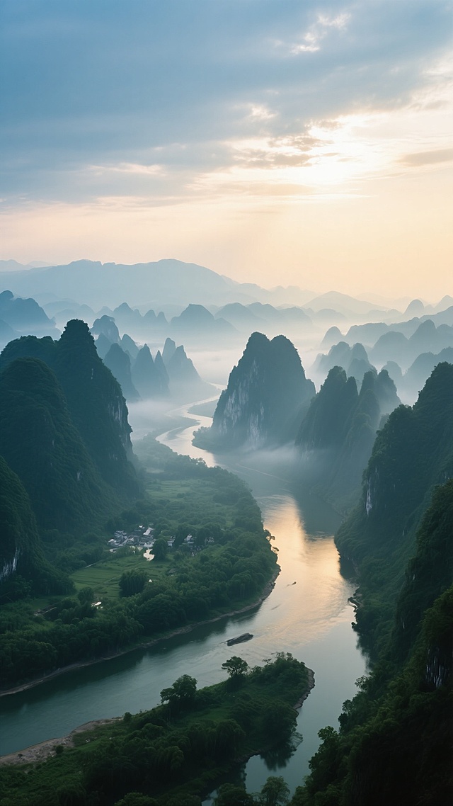 清晨薄雾笼罩的壮丽山水景观，蜿蜒曲折的河流穿行于层叠起伏的墨绿色喀斯特山峰之间，山谷间覆盖着茂密翠绿的植被，远处山峦在朦胧雾气中若隐若现，柔和的晨光从云层间隙洒落，在山峰和河面上形成细腻的光影渐变，整体色调以青蓝、墨绿和淡金色为主，营造出宁静悠远、大气磅礴的自然意境，画面采用俯瞰视角展现河流与群山的宏大空间关系，光影层次丰富，细节质感清晰，具有高度写实的摄影级画质。