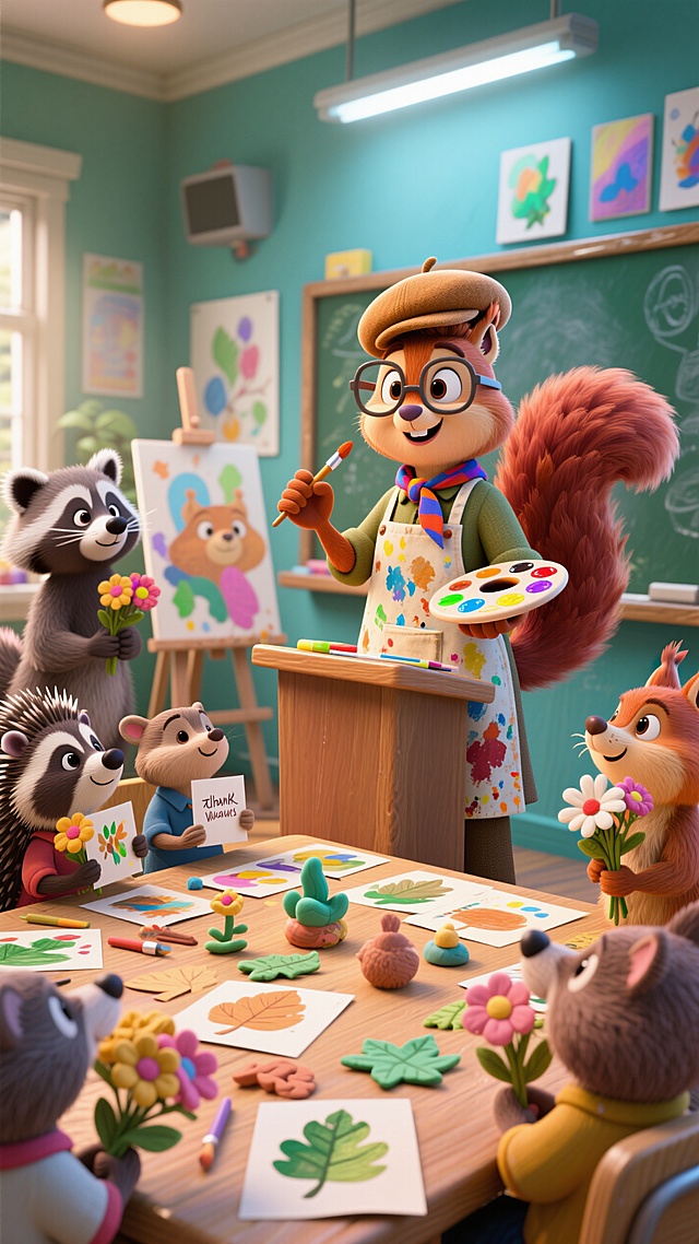 可爱卡通拟人风插画，松鼠老师与学生共绘粘土风花朵，童趣盎然。