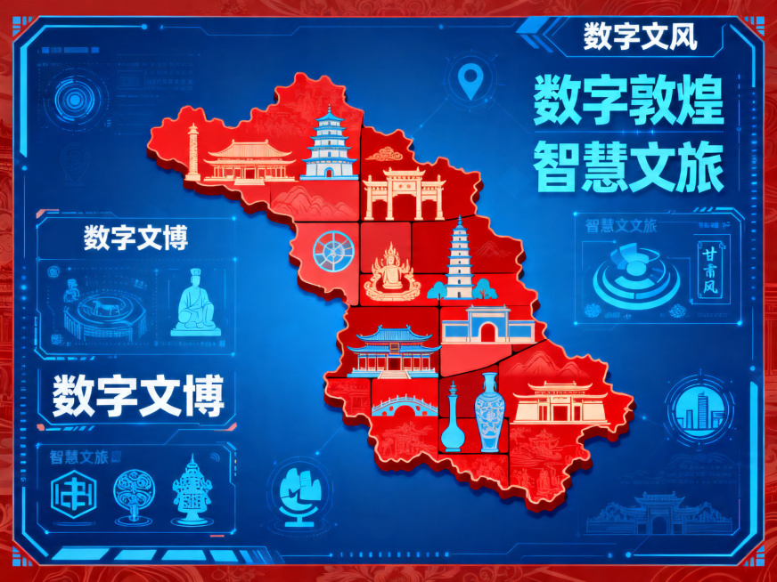 MG动画封面，数字文博、数字敦煌、智慧文旅图标拼接成甘肃版图，采用科技蓝加国风红色调，全景构图，现代大气，风格统一预览效果