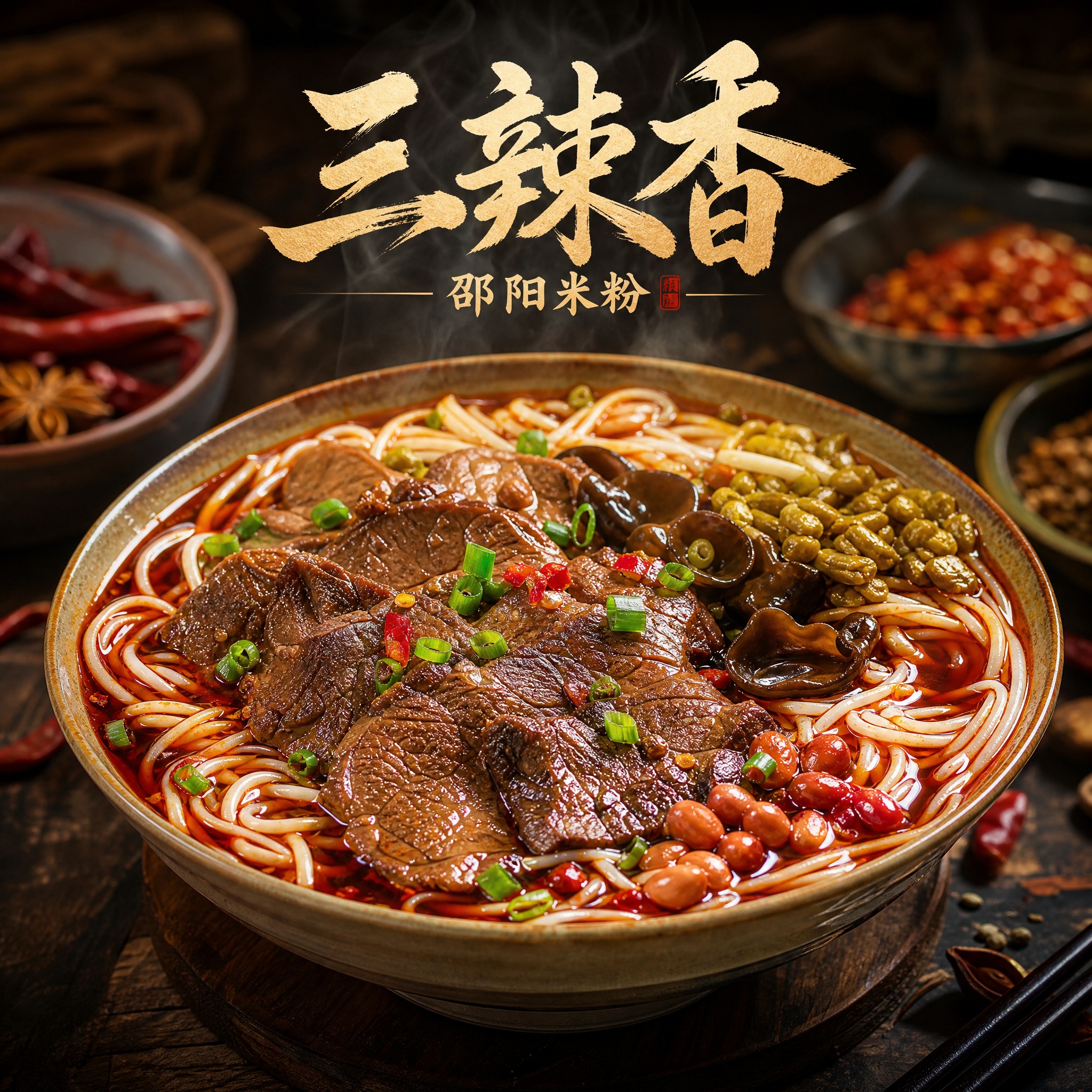 写实美食摄影风格，一碗热气腾腾的邵阳牛肉米粉特写，红油汤底色泽… - 图片创意预览