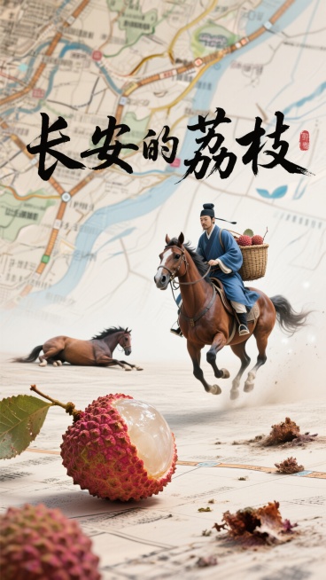 画面标题是书法艺术字体“长安的荔枝”，背景是一副多条线路的古地图，地图做背景虚化，地图上戴蹼头的唐代蓝衣官员骑着马背着筐荔枝奔跑、后面远处一匹倒下的马，近处一颗剥开的新鲜荔枝，散落的腐坏的荔枝，仰视角预览效果