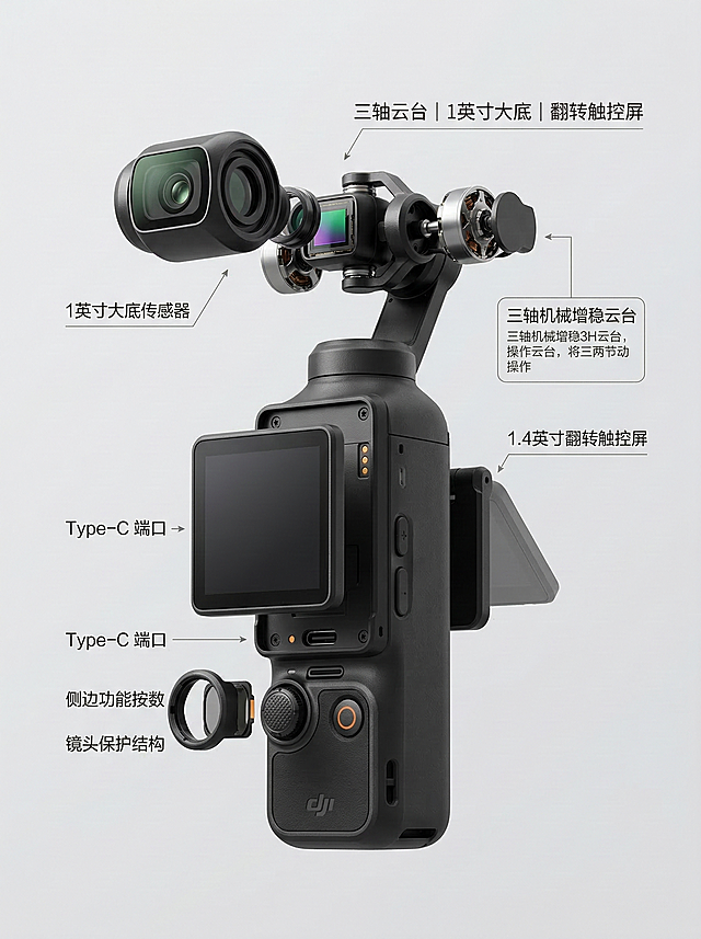 【核心主体】：DJI Osmo Pocket 3口袋云台相机，带产品主体，产品结构拆解展示 【核心内容】：黑色哑光机身，拆解展示三轴云台轴臂、1英寸CMOS镜头、1.4英寸翻转触控屏、Type-C接口、侧边功能按键、镜头保护结构，8K超高清、300DPI、商业摄影级超写实画质，主色调深空灰、辅助色科技银与活力橙 【构图光影】：拆解构图，侧逆光轮廓光+柔光漫射 【文案排版】：标注文案"三轴云台｜1英寸大底｜翻转触控屏"对应细节旁，思源黑体Light 20pt字重300，边距各15px 【负面提示】：低分辨率、模糊、变形、画面杂乱、色彩溢出、文字乱码、文字错字、文字变形、水印、非DJI logo、竞品元素、人物畸形、产品比例失调、构图混乱、多余无关元素，堆砌多余文案，文字遮挡产品核心部件，结构展示不清晰，出现无关卖点
