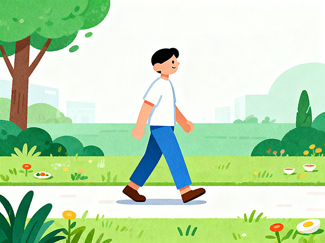 卡通科普风格插画，描绘一个人在饭后户外缓慢散步，画面干净简约，可爱卡通风格，没有任何文字，色彩明快，科普健康知识