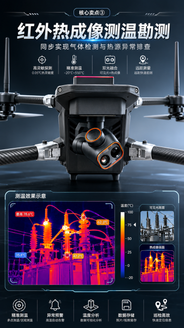 1688工业品详情整套18张竖版配图，大疆写实商务科技风，配色深空灰+科技蓝+银白色，低饱和渐变科技线条背景，8K商业产品实拍质感，写实工业摄影，无卡通、无杂物水印。产品：哑光碳纤维多旋翼空气质量检测预览效果