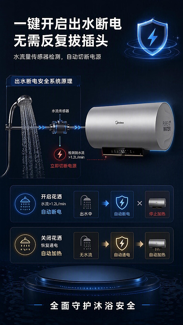 [第3张] 详情页核心技术1-出水断电安全系统原理示意。本张使用【图1】作为产品主体。
[氛围/风格] 深色科技感，安全主题，专业可信，参考图的深色安全系统演示风格。
[元素布局] 画面右侧为电热水器产品，占比约40%；左侧为出水断电原理示意区；画面中有花洒出水的动态水流效果；有盾牌+闪电的安全图标发光效果；有水流传感器的标注示意；产品外观与输入图一致。
[光影质感] 暗调背景，产品有轮廓光，安全图标有蓝色发光效果，水流有透明质感，整体科技感强。
[配色色系] 全局底色 #1A202C 深灰蓝；主色科技蓝 #4299E1 发光；辅助色白色文字、金色点缀、红色警示色少量。
[视角构图] 产品右侧，左侧信息区，阅读动线左标题 → 中原理示意 → 右产品。
[文字版式] 顶部主标题「一键开启出水断电」「无需反复拔插头」两行大字；副标题「水流量传感器检测，自动切断电源」；左侧分两个步骤框：「开启花洒 → 水流>1.2L/min → 自动断电」和「关闭花洒 → 恢复通电 → 自动加热」；配图标和简短说明；底部标注「全面守护沐浴安全」。文字清晰，白色为主，重点信息蓝色高亮。
[比例分辨率] 9:16竖版比例，4K分辨率，文字清晰可辨，高清画质。
[负向提示词] 产品变形，缺件错件，颜色偏差，水印，文字错乱，文字过小，背景杂乱。