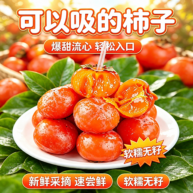 去除右下角的“豆包AI生成”水印，用周围的绿色叶子背景自然修复，保持原图所有文字、柿子、盘子、叶子等元素不变，整体构图、色彩、光影、风格完全一致，仅去除水印