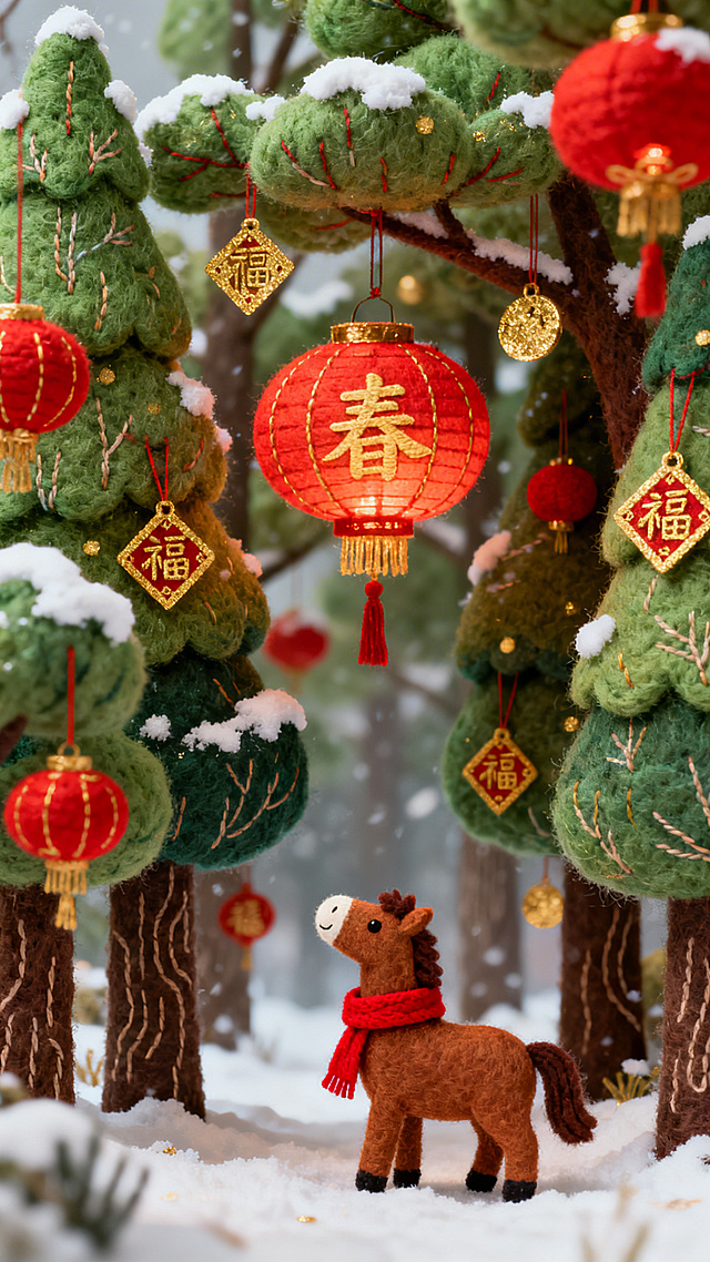 毛发生长风与软3D结合，营造国潮微缩艺术感，雪林中萌马戴红围巾，挂满“春”“福”灯笼，温馨喜庆又可爱趣味。