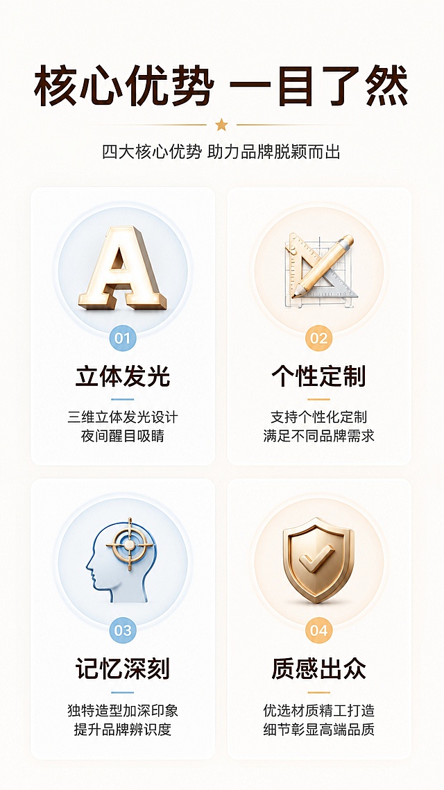 「图片1」淘宝/天猫9:168张
生成详情页，商品是发光立体字牌匾门头，卖点是字体立体发光，趣味，可定制，让人有记忆性