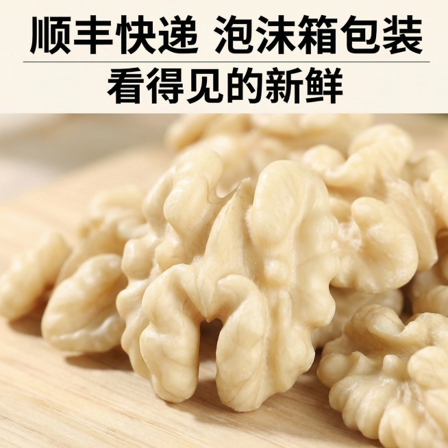 去除核桃仁的全部纹路线条，将核桃仁颜色调整得更浅，做成完全去皮的浅奶白色效果，保持文字内容、背景和布局不变，尺寸仍为750×750像素预览效果