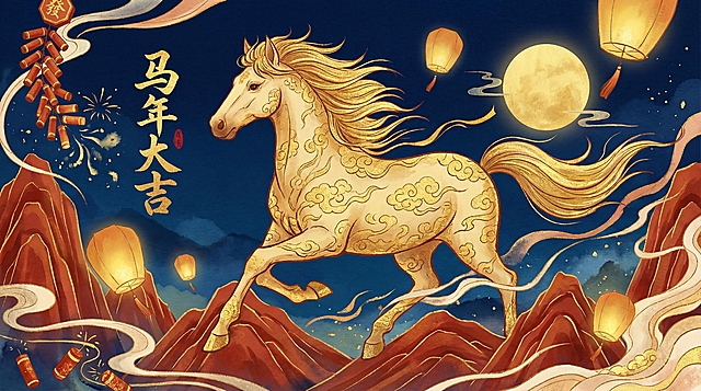 国潮风插画，鎏金骏马踏山奔腾，融合工笔细腻与浮雕质感，喜庆灯笼与烟花点缀夜空，尽显中式古典梦幻之美。