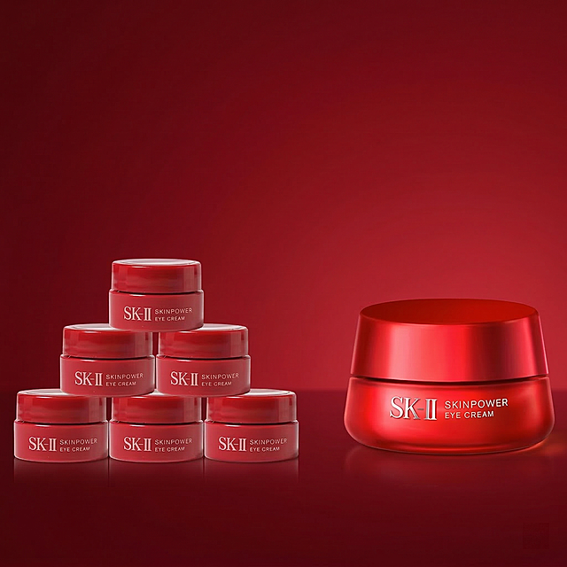 去掉图片上所有文字，更换为和SK-II大红瓶眼霜高档护肤产品风格相符的简洁高级渐变红色背景，保持所有产品主体结构不变，保持瓶身上原有SK-II文字和Logo不变，不要扭曲产品形态