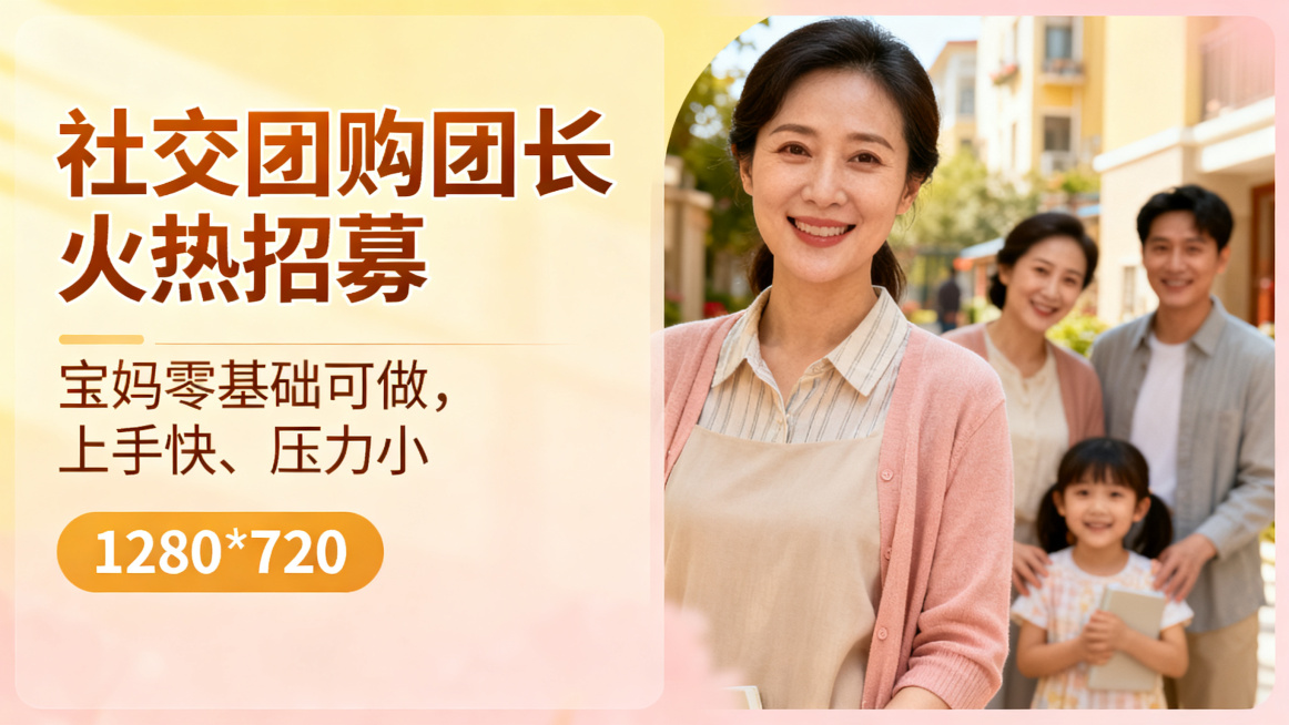 社交团购团长火热招募，宝妈零基础可做，上手快、压力小，朋友圈横版海报1280*720，左右排版，文字放左侧且占比更大，温馨写实风，不同背景不同宝妈人物，无二维码无电话无多余文字，仅保留文案：主题“社交预览效果