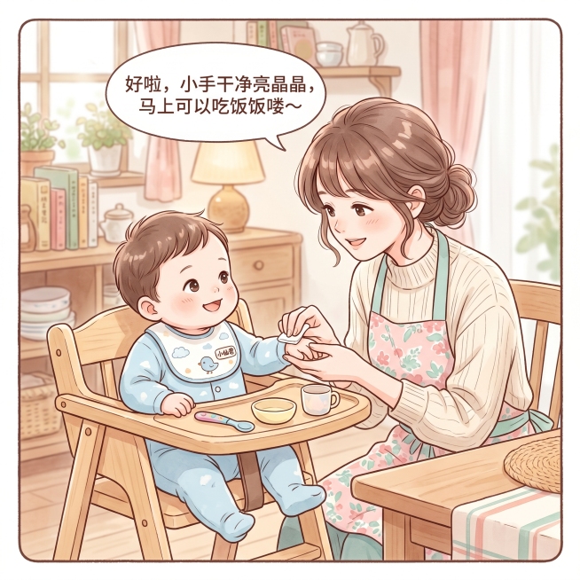 漫画风格，6-10个月大的小孩小仙君在饭前准备，第四个场景：妈妈用酒精棉给小仙君再清洁小手，妈妈和小仙君都穿现代装扮，整体柔和清新可爱，温馨居家环境预览效果