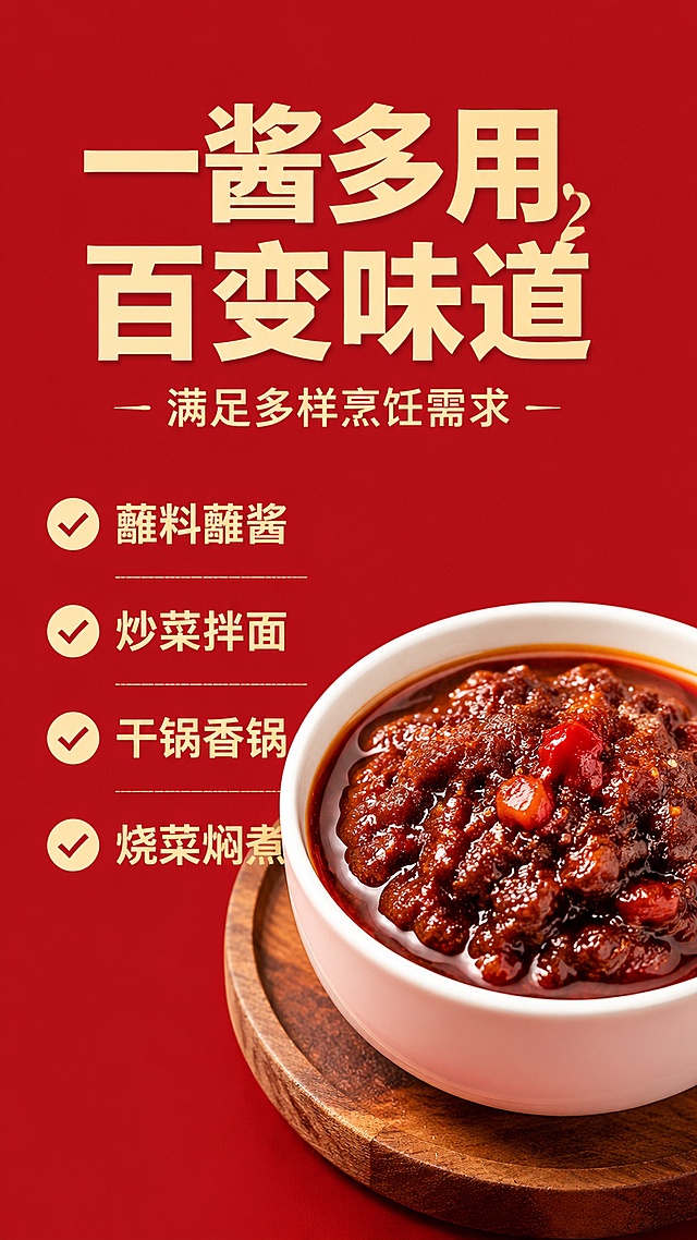 [第5屏] 多用途卖点总结屏，突出麻辣干锅酱一酱多用特点，参考参考图【图10】风格。
[氛围/风格] 红底简约风，突出核心卖点，食欲感商业设计。
[元素布局] 酱料成品碗放置在画面右下，占比约40%，左侧分点列出四个适用场景，每个场景配对勾标识，整体简洁明了。
[光影质感] 均匀柔光，酱料清晰，光影自然，突出油润质地。
[配色色系] 全局底色#b31c1c，主色红色背景，米黄色标题和文字，辅助色白色碗、木色托盘。
[视角构图] 右下放置产品，左侧排版文字，平视构图。
[文字版式] 顶部主标题「一酱多用 百变味道」副标题「满足多样烹饪需求」，米黄色加粗大字；左侧四个卖点：「蘸料蘸酱」「炒菜拌面」「干锅香锅」「烧菜焖煮」，每个配圆形对勾，文字清晰层级分明。
[比例分辨率] 9:16 竖版比例，宽度1080px，高度1920px，4K分辨率，文字清晰可辨，高清画质。
[负向提示词] 酱料变形，颜色失真，文字错乱，文字过小，水印