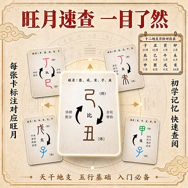 [主图-3] 旺月速查功能展示，突出实用学习价值。
[统一基调] 国潮古风拼多多风格，米黄宣纸纹理背景，朱砂红主标题字，墨黑色辅助文字，烫金色点缀，宋体粗体标题字，圆角云纹装饰边框，整体古朴大气又有电商冲击力。
[画面] 画面中央放大展示一张卡牌的旺月区域细节，卡牌底部"旺月：酉、戌、亥、子、丑"字样清晰可见；周围环绕4张小卡牌缩略图，每张露出不同的旺月文字，形成环形展示；右上角有一个仿古日历图标，标注十二地支月份对应关系；背景为淡淡的罗盘八卦纹理，主体占画面60%。
[光影质感] 中央放大卡牌有轻微聚光效果，细节清晰锐利，周围缩略图稍暗，层次分明。
[配色] 背景米黄宣纸色，主标题朱砂红，重点文字墨黑，日历图标烫金色，罗盘纹理浅灰色。
[文字版式] 顶部朱砂红粗宋体大标题："旺月速查 一目了然"；左侧竖排墨黑小字："每张卡标注对应旺月"；右侧竖排墨黑小字："初学记忆 快速查阅"；底部一行金色小字："天干地支 五行基础 入门必备"。
[输出要求] 1:1正方形，2048px，文字清晰可读，卡牌细节准确，无错字无水印，古朴有质感。