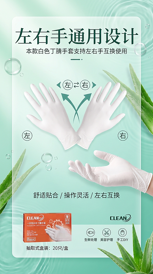 左右手通用设计介绍，本款白色丁腈手套支持左右手互换使用，保持参考图1的简约清新青绿色设计风格，9:16竖版