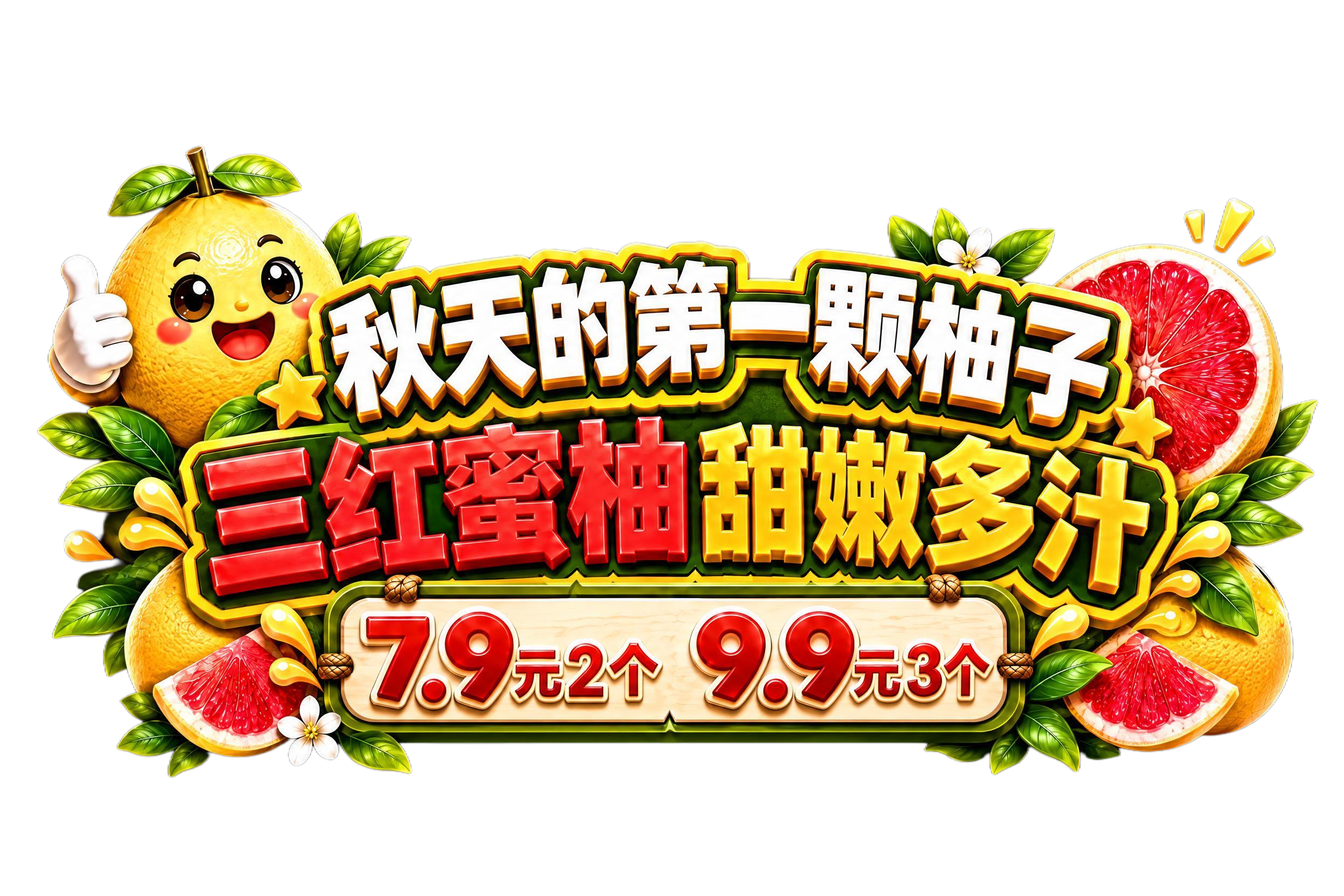 基于参考图重新设计排版：1. 将顶部左上角竖大拇指的卡通柚子和… - 图片创意预览