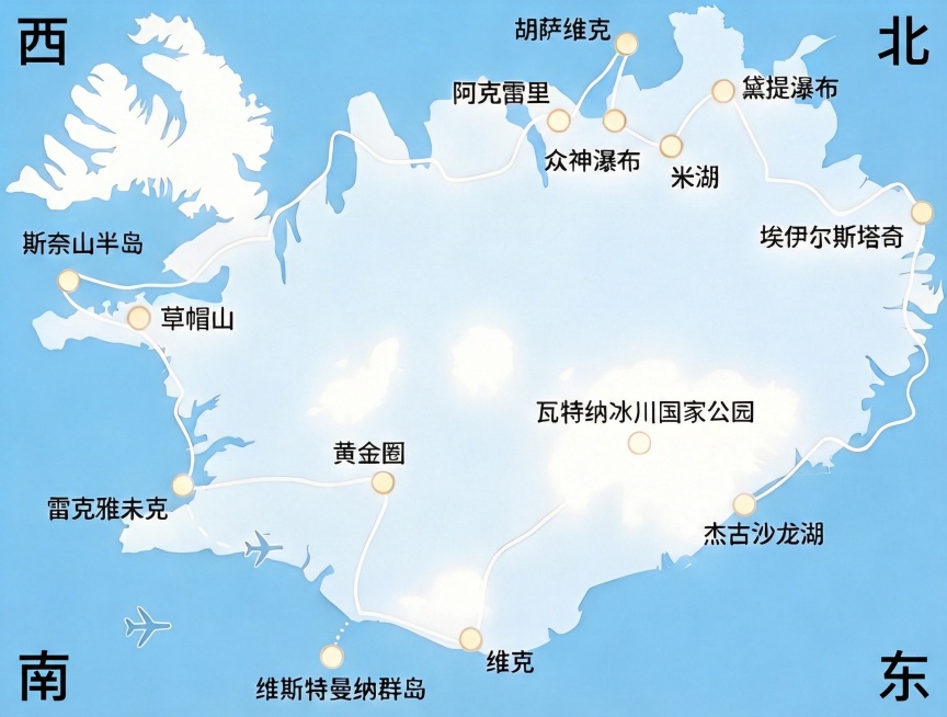 在地图四个角落分别标注“东”“南”“西”“北”方位标识，字体为黑色简约风格，不遮挡地图内容预览效果