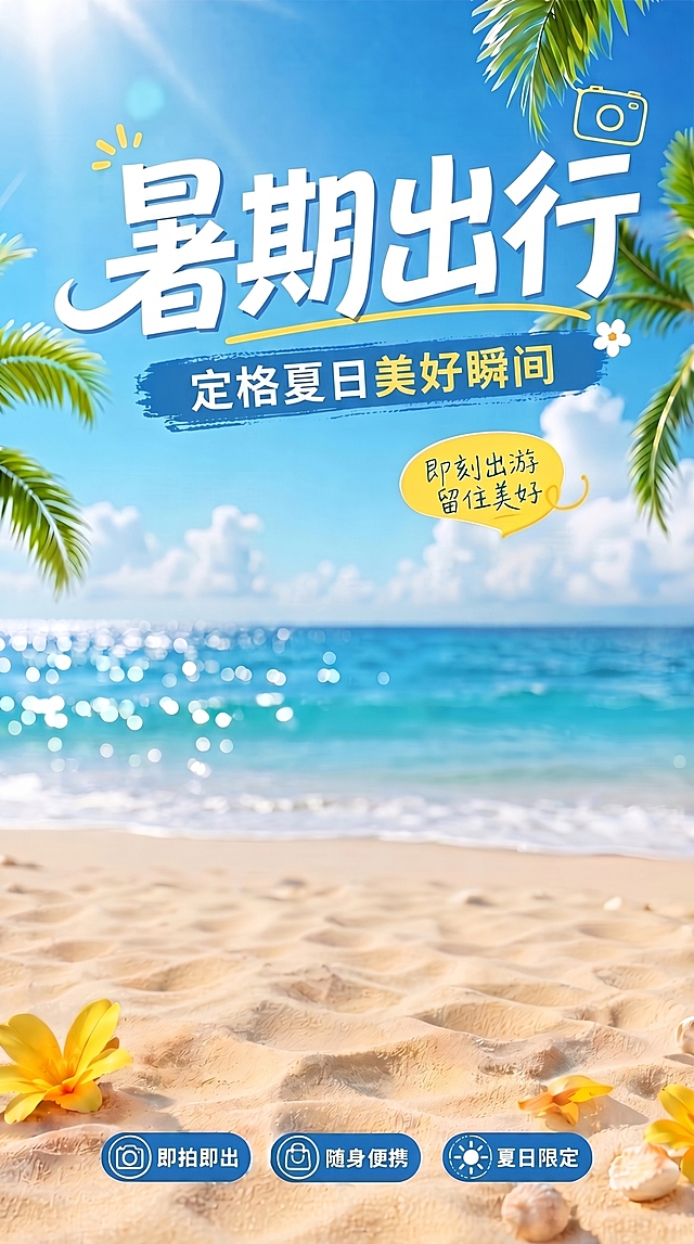 将主标题文案改为“暑期出行”，副标题改成“定格夏日美好瞬间”，保留原来的海边沙滩椰树夏日背景、相机元素和底部三个蓝色标识，风格保持清新夏日风不变