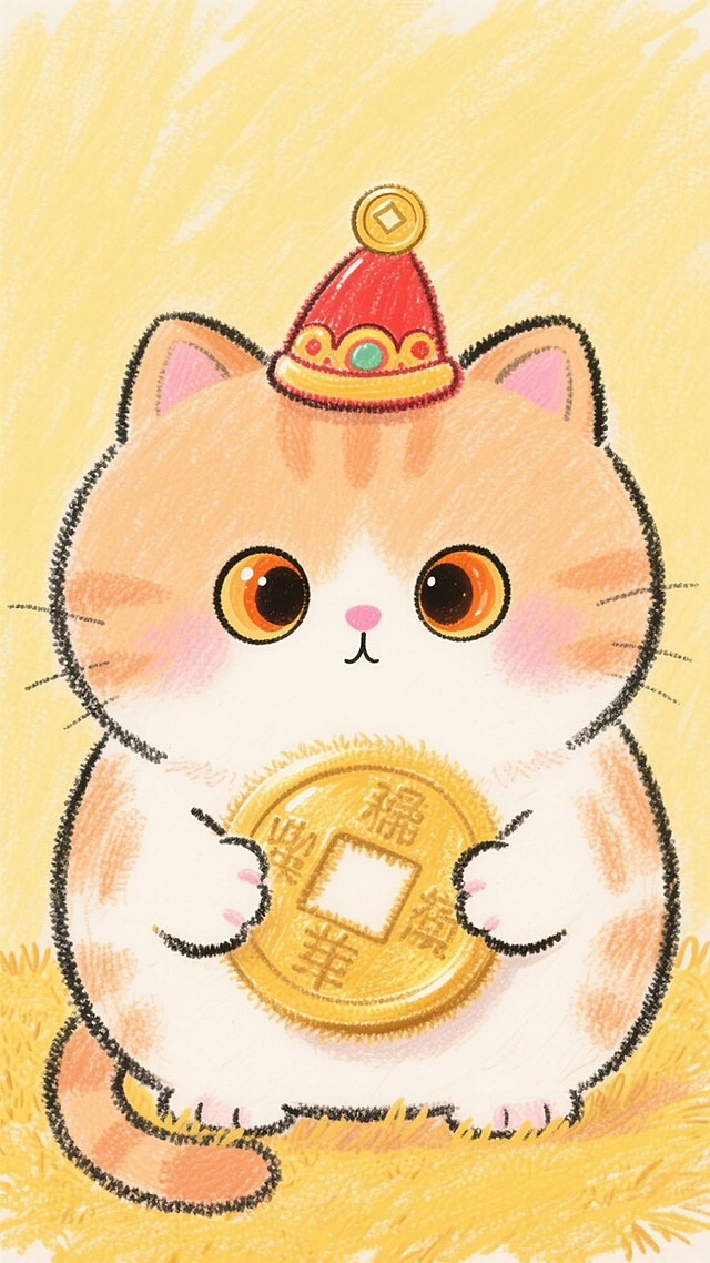 可爱卡通猫咪戴红帽持金元宝，蜡笔风描边插画，拟人化设计，喜庆春节氛围。