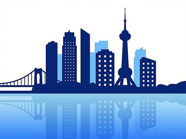 城市地标剪影风格，以深蓝到浅蓝的渐变色彩填充，呈现不同城市的标志性建筑轮廓，包括高楼大厦、特色塔楼和桥梁，建筑剪影边缘清晰，内部有规律排列的白色小方块作为窗户细节，整体构图对称平衡，下方配有清晰的水面倒影，倒影与主体轮廓完全对称且色彩稍浅，背景为纯白色，营造简洁现代的设计感。