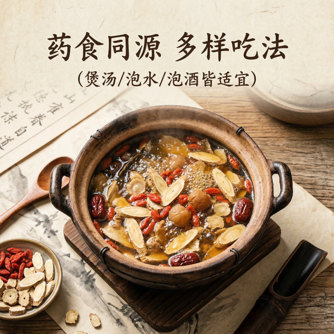 [吃法搭配页] 浅米色古风背景，展示黄芪搭配枸杞党参一起煲汤的实拍场景，陶罐煲汤，食材干净清晰，上方文字写「药食同源 多样吃法」小字标注「煲汤/泡水/泡酒皆适宜」，保持古香古色高级风格，画面中完整文案预览效果