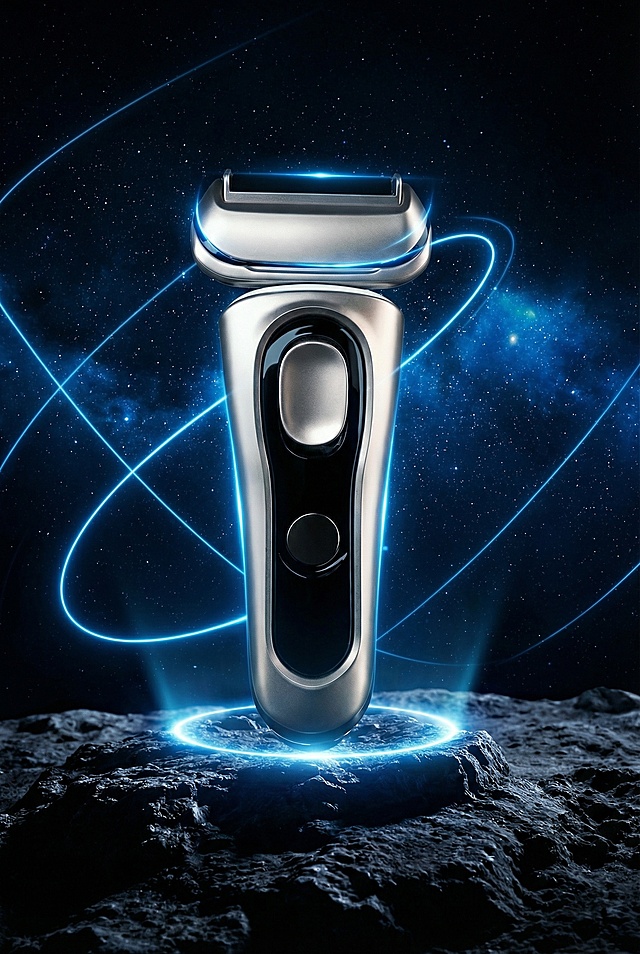 主体为飞剃须刀，放置在类似月球表面的崎岖深色岩地上，底部有发光光环。场景设定为科技感宇宙空间，背景深邃黑暗，搭配蓝色霓虹光线和星点。风格为高端科技产品摄影，未来感十足。色调以冷蓝和深黑为主，搭配金属塞，营造冷峻高级氛围。构图为居中竖幅，平视视角突出产品。细节上光线勾勒产品轮廓，增强金属质感，光线线条增添动感与科技氛围
