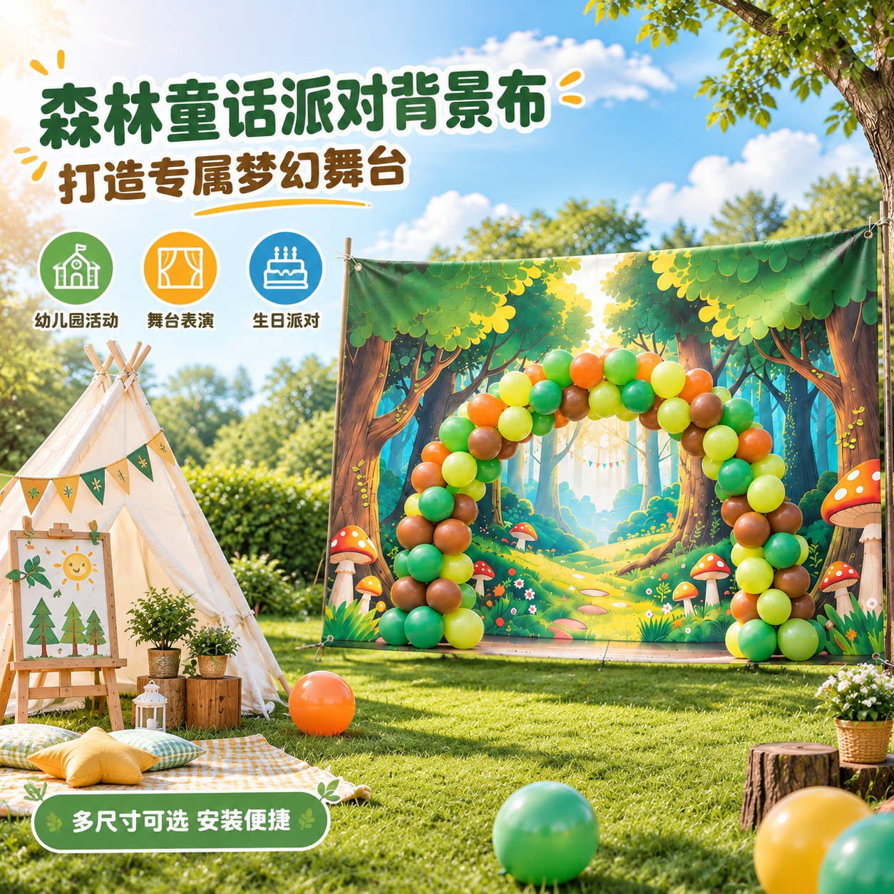 [单张主图] 森林主题儿童派对背景挂布 淘宝天猫1:1电商主图… - 图片创意预览