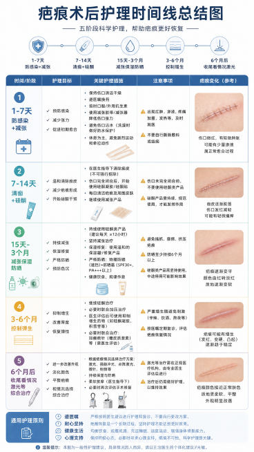 完整疤痕术后护理时间线总结图，串连五个阶段：1-7天防感染+减张，7-14天清痂+硅酮，15天-3个月减张保湿防晒，3-6个月控制增生，6个月后收尾看情况激光。清晰表格排版，医疗科普风格，9:16竖版预览效果
