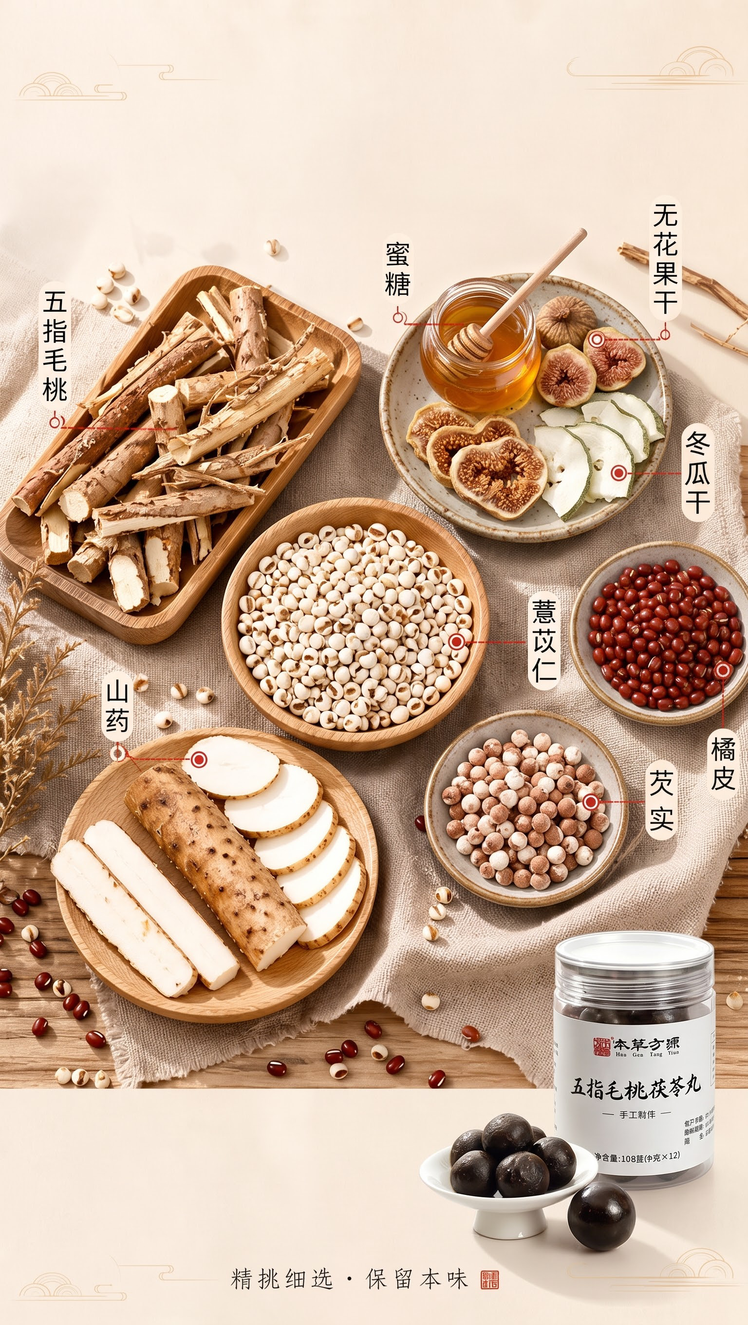 把上面的文案都去掉 原料增加蜂蜜、无花果干、冬瓜干、五指毛桃、… - 图片创意预览