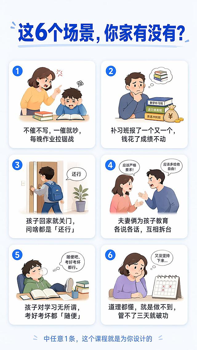 我要你生成课程的详情页：
学习内驱力激发 父母线上成长课程

这6个场景，你家有没有？
不催不写，一催就吵，每晚作业拉锯战
补习班报了一个又一个，钱花了成绩不动
孩子回家就关门，问啥都是“还行”
夫妻俩为孩子教育各说各话，互相拆台
孩子对学习无所谓，考好考坏都“随便”
道理都懂，就是做不到，管不了三天就破功
中任意1条，这个课程就是为你设计的。

解决你3个问题
1.我的孩子到底是懒？笨？还是另有原因？
用教育心理学框架，精准归因，找出学习的熄火点
2.我到底该怎么做？第一步从哪开始？
给你3条明天就能做的具体动作，不是大道理
3.我做的对不对？方向有没有偏？
一份你家庭的学习动力的核心建议

核心任务只有一件事：
帮家长找到：孩子学习动力熄火的那个精准卡点。
找到了，您就知道：
到底是该补关系，还是该补方法？
是该给孩子空间，还是该建立规则？
是该跟伴侣统一阵线，还是先各自调整？
方向对了，努力才有用。

适合什么样的家庭？
1.小学4年级到高三孩子的家长
2.报班、盯作业一手抓，身心俱疲但成绩纹丝不动的孩子家长
3.青春期房门一关、话不投机、一问学习就炸的孩子家长
4.从小学习好，但最近成绩突然大滑坡的孩子家长
5.孩子成绩还不错，但全是靠家长推的家庭
6.父母教育观点冲突，孩子没有动力的家庭

课程内容
01 回顾家长的教育过程
孩子是学习行为的具体表现
家庭氛围存在哪些问题
亲子沟通顺畅还是堵塞
孩子从小的成长经历有哪些
02 帮你分析学习动力卡点
为什么孩子学习动力不足
与家庭氛围的关系
与亲子沟通的关系
与孩子经历的关系
与孩子内心的关系
03 自家孩子归因定位
孩子动力的熄火点在哪里
熄火点是关系问题的解决思路
熄火点是方法问题的解决思路
熄火点是信心问题的解决思路
04 改善学习动力的方法
怎么补亲子关系？
还是补养育方法？
先做什么？后做什么？
3条可立即执行的微行动建议

主讲老师
毛富钢老师
专注青春期家庭教育咨询18年
首都师范大学教育学学士
研究方向：青春期综合问题解决
擅长领域：教育心理学在学习中的实际运用
累计青春期家庭指导2万+
独创T.E.M.厌学休学家庭系统修复模型
2025年帮助362个家庭孩子爱上学习
（毛富钢老师照片见附件「图片1」）