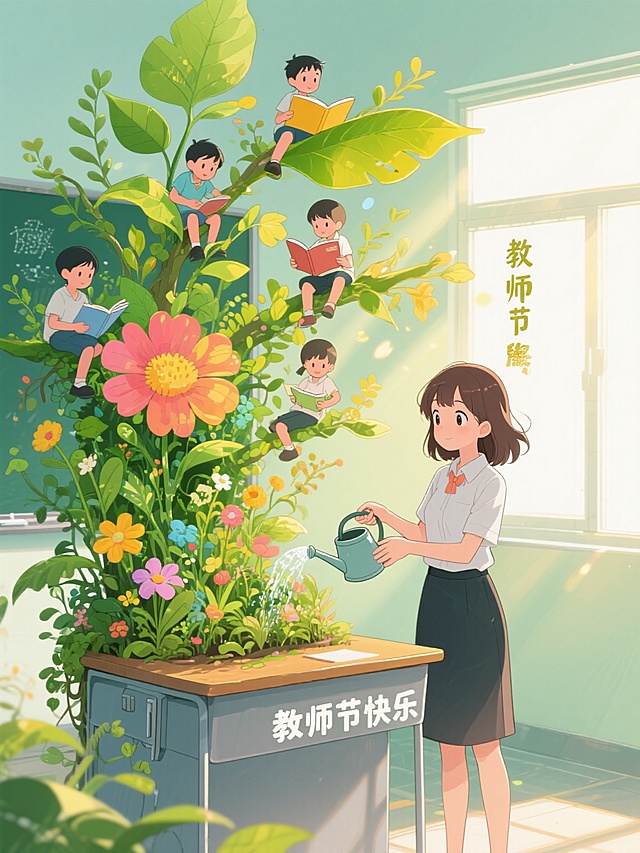 清新插画风，拟人化植物与学生共读，教师节温馨场景。