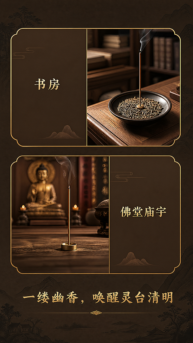 [第10屏] 多场景适用下屏。保留图10全部图文布局，改中式高端简约风格，展示书房、佛堂庙宇两个场景，深棕色山水暗纹底，金色圆角框，底部 slogan"一缕幽香，唤醒灵台清明"，保持整体风格统一。9:16竖版，4K分辨率，文字清晰。负向：图文错位，文字模糊。