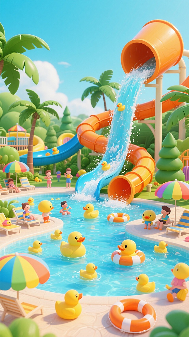 色彩鲜艳明快的卡通风格水上乐园全景图，画面充满童趣与活力，以明亮的绿色、蓝色、橙色和黄色为主色调，搭配柔和的光影效果，营造出欢乐热闹的夏日氛围。画面中分布着多种水上娱乐设施：大型螺旋水上滑梯，橙色滑道蜿蜒而下，水流倾泻；直线速降滑道，蓝色水面上溅起白色水花；巨大的翻水桶从高处倾倒水流，下方有小鸭子造型的游客在嬉戏。中央区域是宽阔的戏水池，水面上漂浮着众多黄色小鸭子造型的卡通角色，有的在游泳，有的坐在游泳圈上，还有的在岸边休息。周围环绕着茂密的绿色棕榈树和松树，点缀着彩虹色的遮阳伞、躺椅和圆形的橙色救生圈。整体构图饱满丰富，细节精致，角色造型可爱圆润，线条流畅柔和，充满动感与欢乐的水上乐园场景，设计感十足，信息传达清晰，符合儿童及家庭受众的审美，展现出轻松愉快的夏日水上娱乐主题。