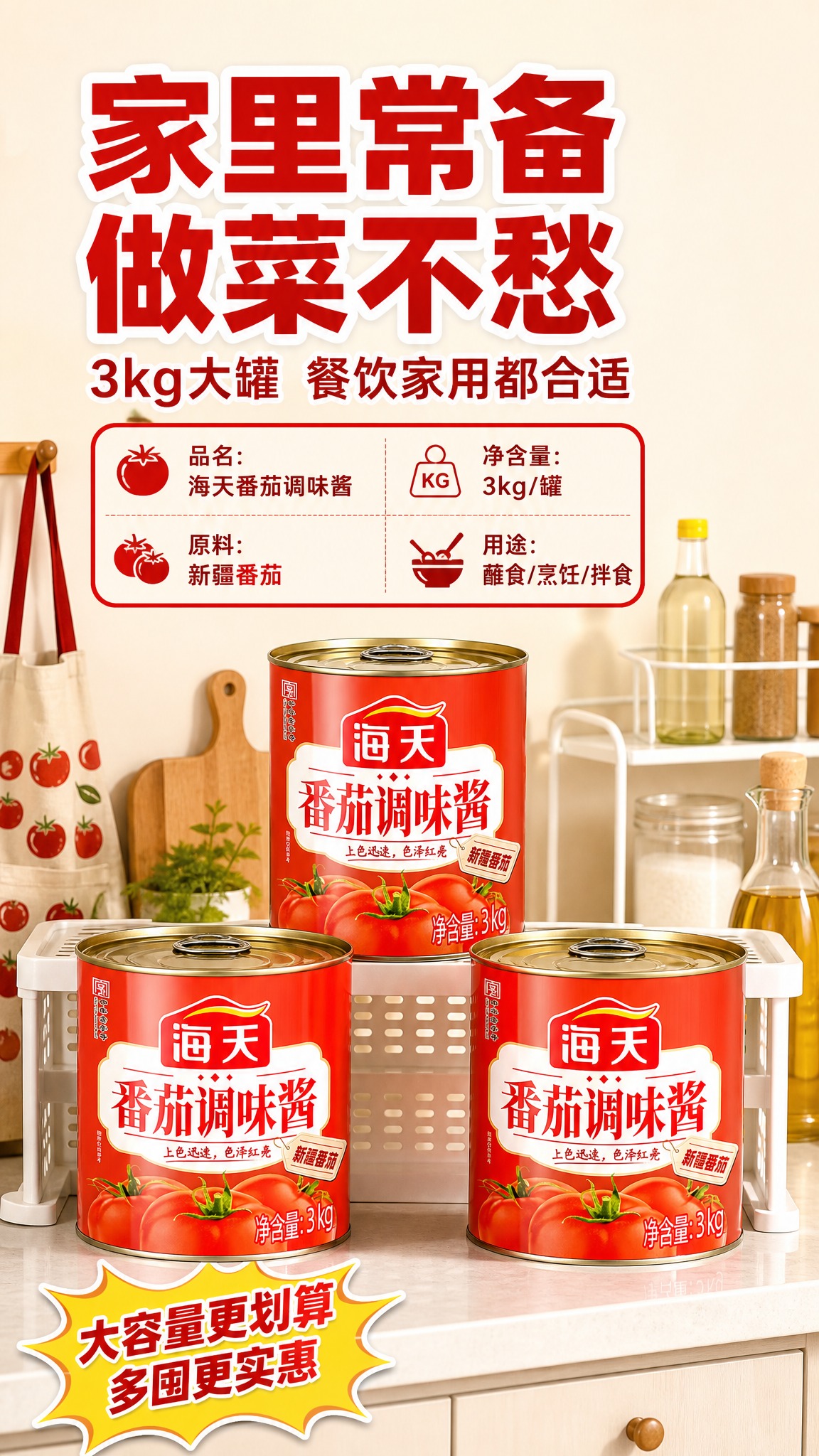 [商品] 使用【图1】海天番茄调味酱3kg大罐装；保留红色罐体… - 图片创意预览
