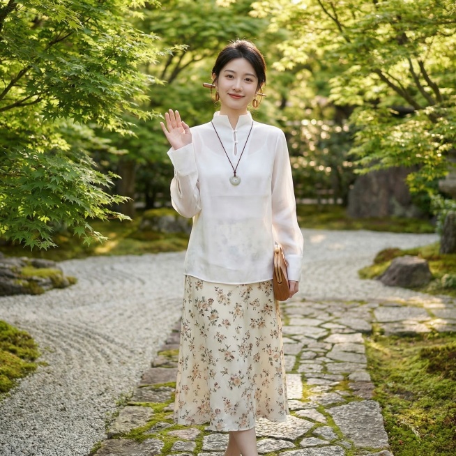 同一个20-25岁长相甜美的年轻东亚女生，全身照，展示图中的这件白色立领水滴扣上衣，搭配米白色碎花半身裙，上衣不塞下装。女生留低丸子头，用木质发簪固定，几缕碎发修饰脸颊，佩戴木质耳坠、和田玉平安扣项链预览效果