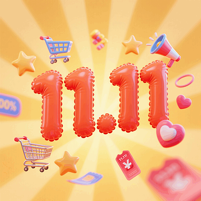 画面视觉中心为大号橙红色立体数字 “11.11”，周围环绕漂浮着彩色促销元素装饰（购物车、星星、喇叭、爱心、优惠券等），背景为渐变黄色并带有放射状光效。