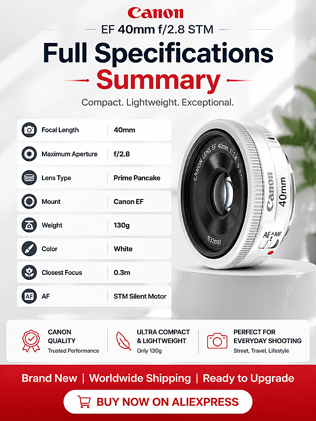 Vertical 3:4 closing summary screen for Canon EF 40mm f/2.8 STM detail page, headline "Full Specifications Summary", list all key specs in English: Focal Length: 40mm, Maximum Aperture: f/2.8, Lens Type: Prime Pancake, Mount: Canon EF, Weight: 130g, Color: White, Closest Focus: 0.3m, AF: STM Silent Motor, add call-to-action text "Brand New | Worldwide Shipping | Ready to Upgrade", clean organized layout, 3:4 vertical ratio, high-conversion closing page for AliExpress