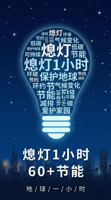深蓝星空背景的地球一小时竖版公益海报，文字云灯泡创意风，居中构图。灯泡轮廓内由 "熄灯""1 小时""节能" 等关键词组成文字云，底部是城市剪影。核心文字为白色 "熄灯 1 小时""60 + 节能"，预览效果