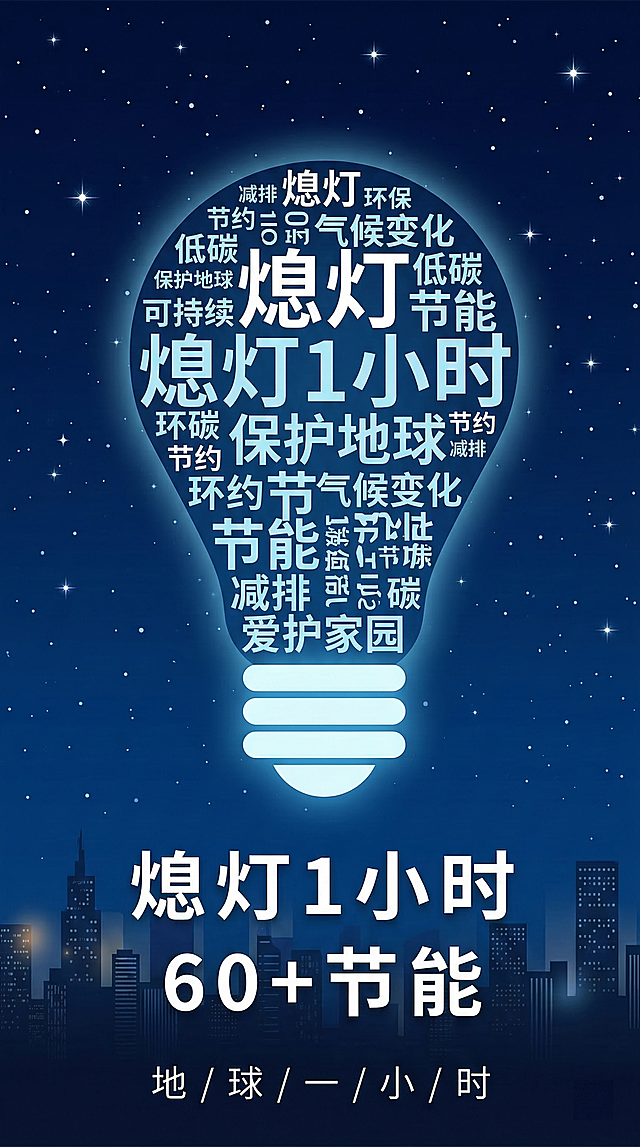 深蓝星空背景的地球一小时竖版公益海报，文字云灯泡创意风，居中构图。灯泡轮廓内由 "熄灯""1 小时""节能" 等关键词组成文字云，底部是城市剪影。核心文字为白色 "熄灯 1 小时""60 + 节能"，底部白色分隔字 "地 / 球 / 一 / 小 / 时"。