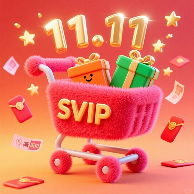 粉色毛绒 SVIP 购物车装满礼盒，搭配 “11.11” 与红包，营造双 11 狂欢氛围